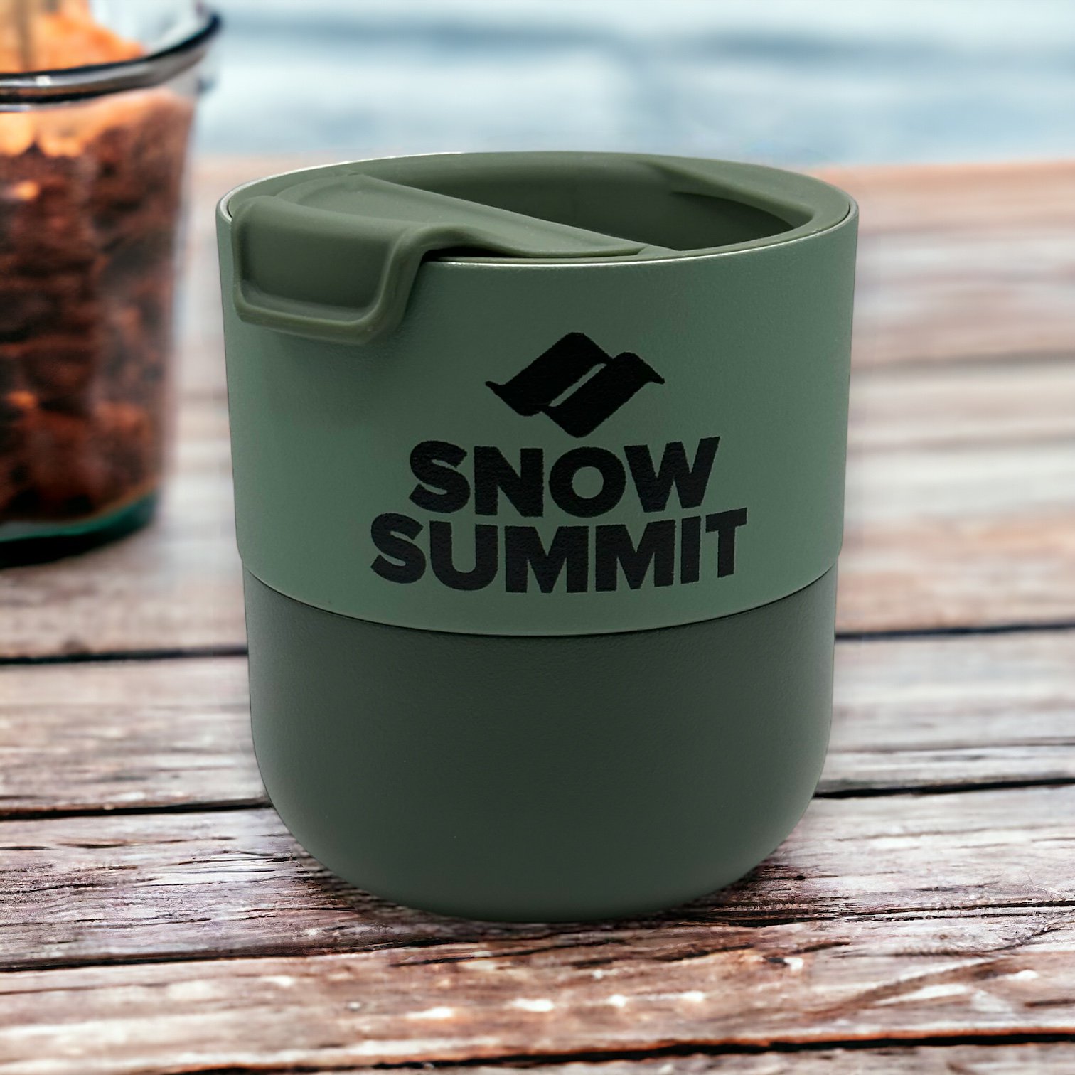 Klean Kanteen green lowball tumbler with a black Snow Summit logo